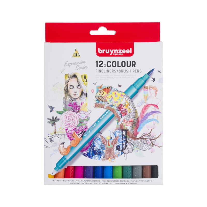Bruynzeel Fineliner + Brushpen doppia punta - set 12 colori