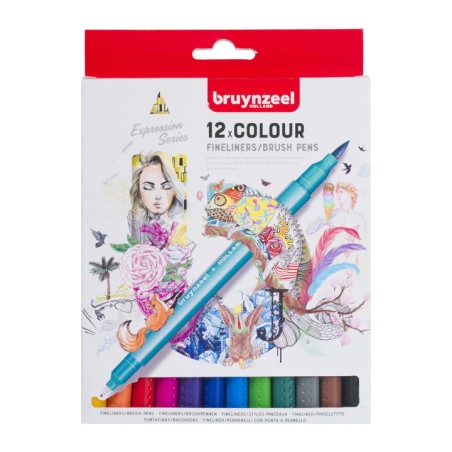 Bruynzeel Fineliner + Brushpen doppia punta - set 12 colori