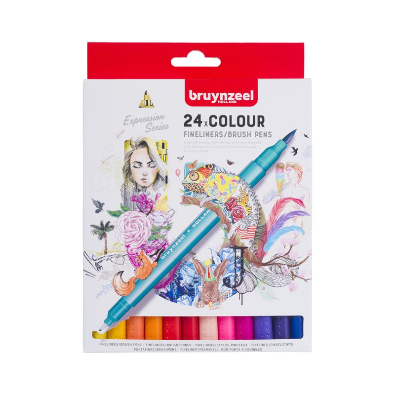 Bruynzeel Fineliner + Brushpen doppia punta - set 24 colori