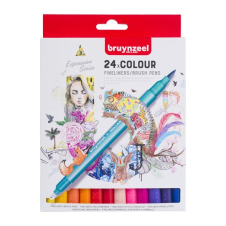 Bruynzeel Fineliner + Brushpen doppia punta - set 24 colori